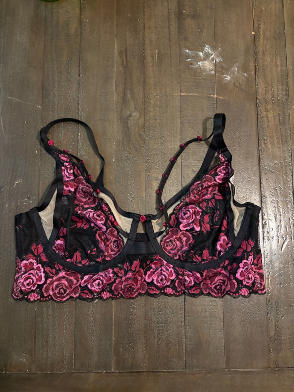 Torrid Embroidered Floral Lace Underwire Bralette - Pink on Black